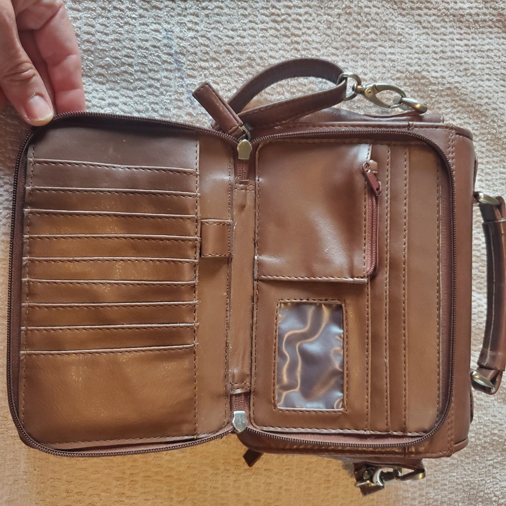 East West Brown Leather Crossbody Organizer Bag Built-in Wallet Messenger